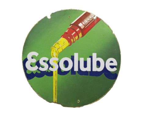 An Essolube double-sided circular enamel sign,in green, red, yellow, blue and white enamel, with wall-mounting holes, some sl