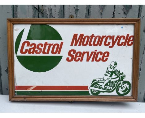 Five advertising signs,comprising modern enamel Rudge Whitworth, 55 x 41cm; Castrol Motorcycle Service, printed tin, in woode