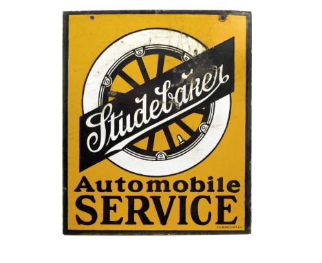 A Studebaker Automobile Service double-sided enamel sign, American,by L.D.Nelke Signs, NY, in black, white and orange enamel,