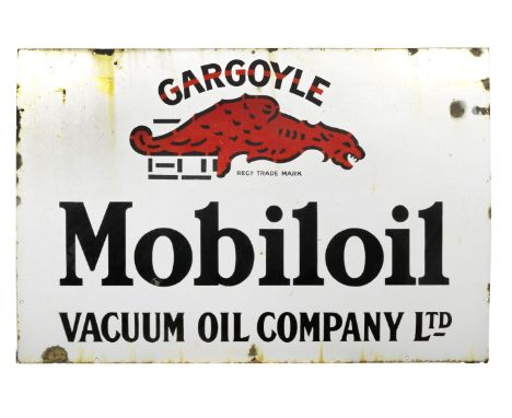 A large Gargoyle Mobiloil enamel sign,single-sided, in red and black on white enamel, wall-mounting holes to edges, some chip