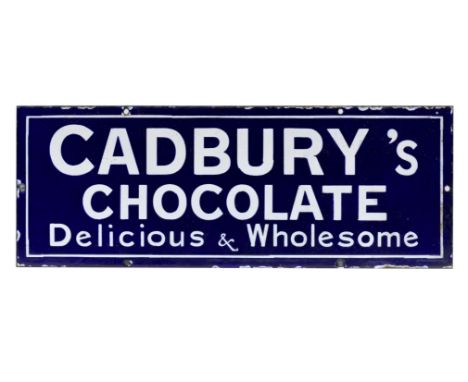 A small Cadbury's Chocolate enamel sign,single sided, in blue and white, 16.5 x 44.5cm. For further information on this lot p