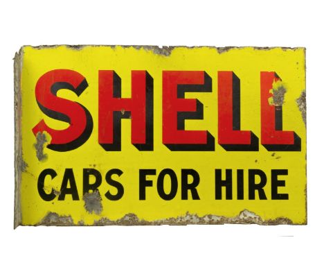 A 'Shell Cars For Hire' double-sided flange-mounting enamel sign,in black and red on yellow enamel, some crazing, loss and ru