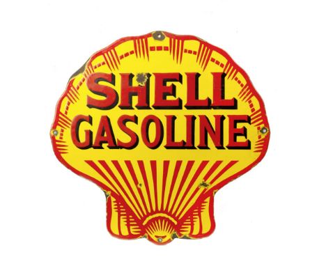 A Shell Gasoline enamel sign,cut-out shell shape, single-sided, three colour enamel, 47cm high. For further information on th