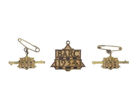 A set of three BARC Brooklands member's and guest's lapel badges, 1934,number 1223, orange and black enamel, member's badge l