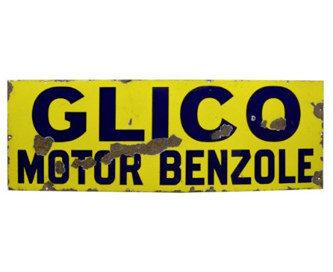 A Glico Motor Benzole enamel sign,single-sided, by Bruton of Palmers Green, in blue on yellow enamel, wall-mounting holes to 