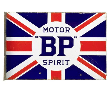 A 'BP Motor Spirit' Union Jack double-sided flange-mounted enamel sign, 1922,by Bruton of London, dated 7/22, in red, white a