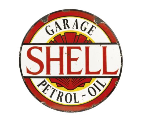 An early Shell Garage Petrol Oil enamel sign,single-sided, four colour enamel, 50cm diameter. For further information on this