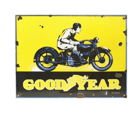 A Good Year Motorcyclist enamel sign, German,single-sided replica, four colour enamel, 36 x 48cm. For further information on 