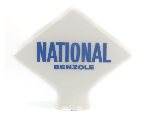 A National Benzole glass petrolpump globe, dated 10.1.1964,white glass, diamond-shaped, lettered in blue, 49cm high. This lot