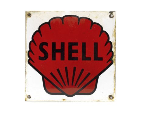 A square Shell forecourt sign,single-sided, white enamel with red and black shell logo, 25 x 25cm  For further information on