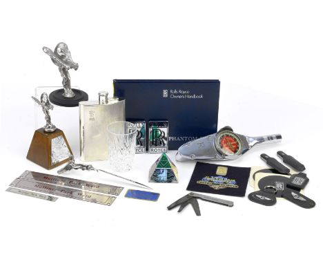 Assorted Rolls-Royce collectables,comprising Silver hipflask, hallmarked Birmingham 1989; letter opener; 2 x Victorinox RR po