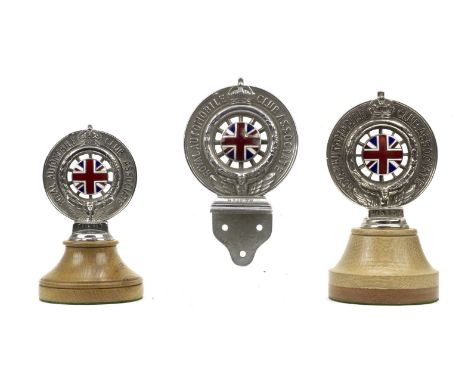Three pre-War RAC Associate badges,each nickel-plated with Union Jack enamel centre, comprising Type 4 badge (1929-32) by D.G