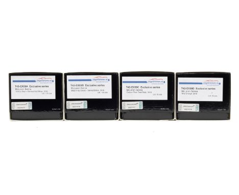 Four boxed 1:43 scale model McLaren Senna cars by Tecnomodels Exclusive Series,comprising T43-EX09A in Victory Grey - Geneva 