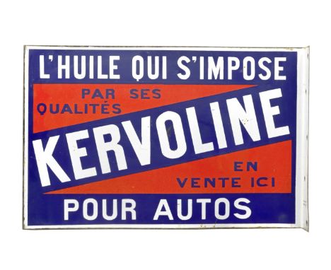 A Kervoline Pour Autos double-sided flange-mounting enamel sign, French,by Japy Neuhaus, Paris, in blue and red on white enam