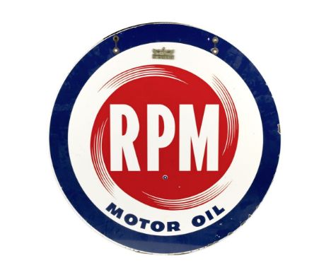 An RPM Motor Oil enamel sign,double-sided hanging sign, three colour enamel, 84cm diameter. This lot is subject to the follow