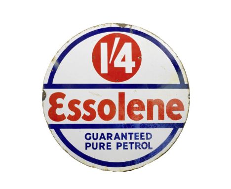 An Essolene 1/4 double-sided circular enamel sign,subtitled 'Guaranteed Pure Petrol', in red, white and blue enamel, one side