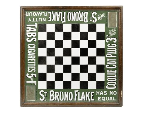 A St. Bruno Flake and Coolie Cut Plug enamel advertising chess/draughts board,single sided, in green, black and white, with v