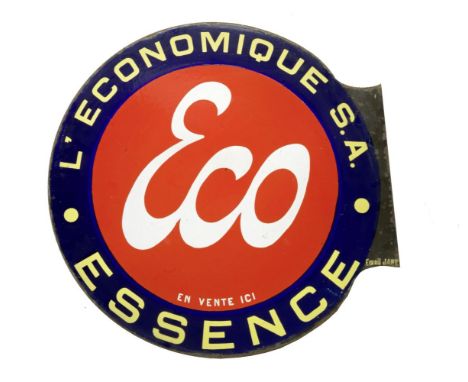 An 'Eco - L'Economique Essence' double-sided flange-mounting enamel sign, French,by Japy, circular sign in red, white and yel