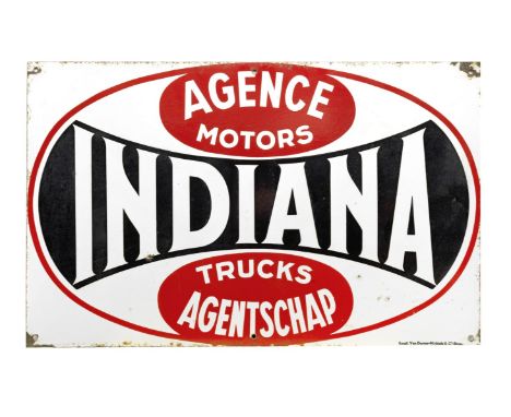 An Indiana Motors &amp; Trucks Agency enamel sign, Belgian,by Van Durme-Michiels &amp; Co. of Brussels, single-sided, in red,