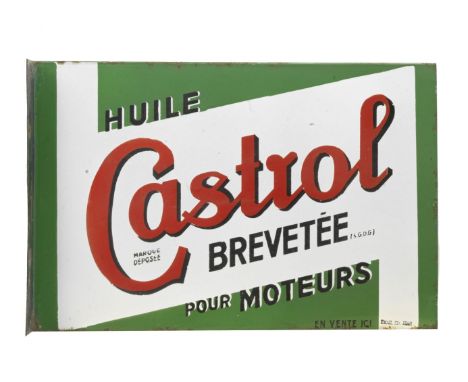 A 'Huile Castrol Brevetee Pour Moteurs' double-sided flange-mounting enamel sign, French,by Ed.Jean, in red, black, white and