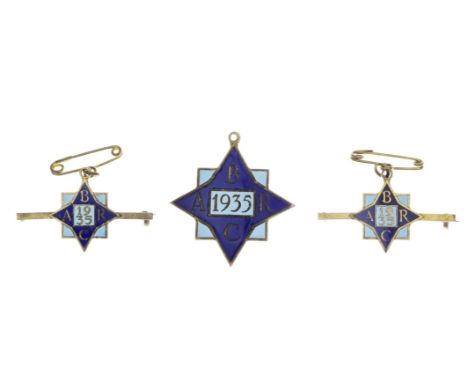 A set of three BARC Brooklands Member and guest's lapel badges, 1935,number 365, two-tone blue enamel, member's badge lacking