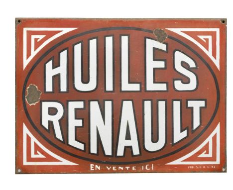 A Huiles Renault enamel sign, French, 1932,single-sided, marked 'Pub.S.H.R.G' and dated 6.32 to lower right corner, in black 