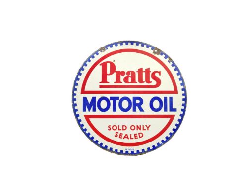 A Pratts Motor Oil double-sided circular enamel sign, 1930,subtitled 'Sold Only Sealed', in blue and red on white enamel, dat
