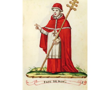 COSTUME BOOKLET, showcasing 50 fine coloured costume drawings on vellum of Roman Catholic clergy, both men and women, represe