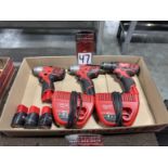 Lot of (3) MILWAUKEE Cordless 12V Impact and Drill Drivers w/ (2) MILWAUKEE Battery Chargers and (3)