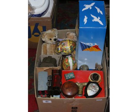 A box of vintage toys and collectables including clockwork tin plate train set and teddy bears etc.