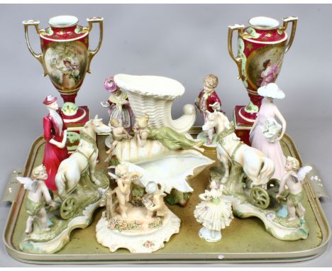 A tray of ceramic figurines and mantle vases to include Coalport, Sitzendorf and Spode velamour etc.