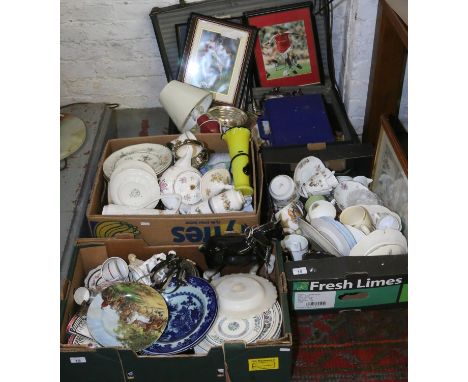 A metal bound suitcase and three boxes containing miscellaneous including Spode, commemorative ware, silver plate etc.