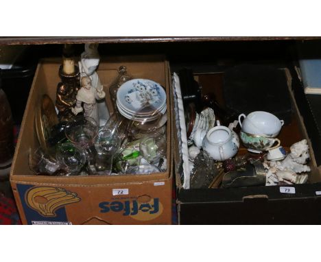 Two boxes of miscellaneous including decorative figurines, vintage glasswares, touristwares, cased cutlery, tablelamp base et