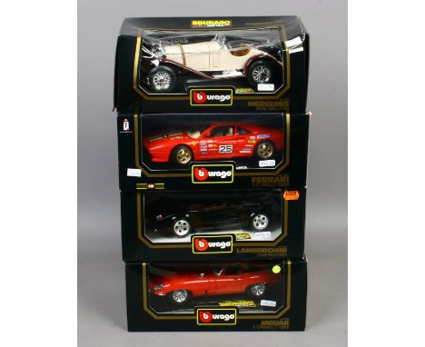 Four boxed Burago 1/18 scale model Diecast cars including Mercedes, Ferrari, Lamborghini and Jaguar.