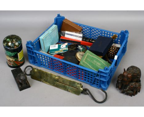A box of collectables to include ladies compacts, playing cards, pipes, salters spring balance etc.
