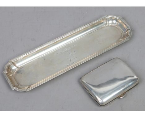 A silver cigarette case with gilt interior assayed Chester 1912, weight 80 grams, along with a presentation silver pin tray a