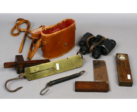 A group of collectables to include joiners tools, Kershaw cased binoculars, Salters spring balance scales etc.