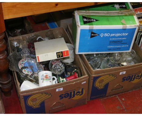 Two boxes of miscellaneous to include glasswares, Royal Albert, T.G.Green, Boots QI projector etc.