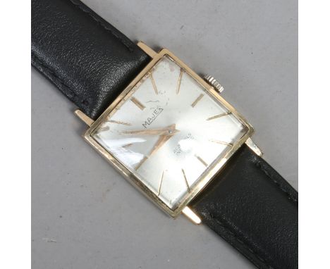 A gentlemans Majex 9ct gold cased manual wristwatch with square satin dial having baton markers.   Condition Report. To be us