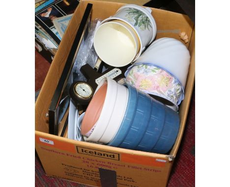 A box of miscellaneous to include plant pots, wall barometer, photograph frames etc.