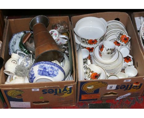 Two boxes of miscellaneous to include J & G Meakin dinner/tea set, Belleek, copper jug etc.
