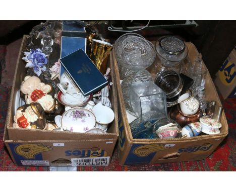 Two boxes of miscellaneous including cut glass, Hammersley, Royal Worcester, silver plate, china teawares etc.