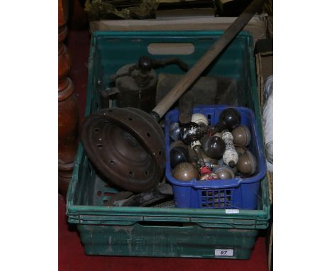 A box of hand tools, door handles, copper posser etc.