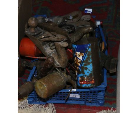 A box of vintage metalwares and tools Stanley plains, oil cans, spanners etc.