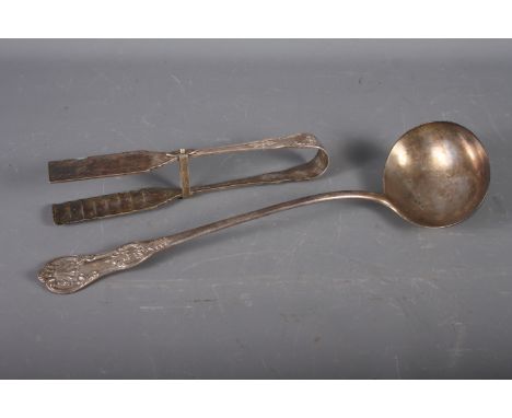 A pair of King's pattern silver plated sandwich servers and a King's pattern sauce ladle, 13 1/2" long 