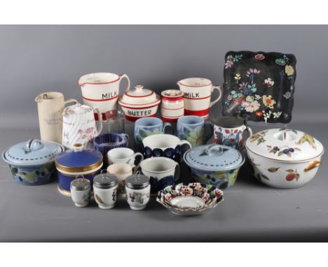 A Royal Worcester "Evesham" pattern tureen and cover, 10" wide overall, a pair of Buchan pottery mugs and tureens, Sadler "Kl