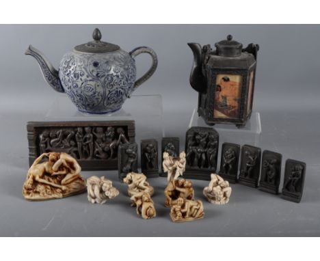 Eight resin figures, in erotic poses (largest 2 3/4" high), a black metal five-sided teapot with erotic panels, 6" high, nine