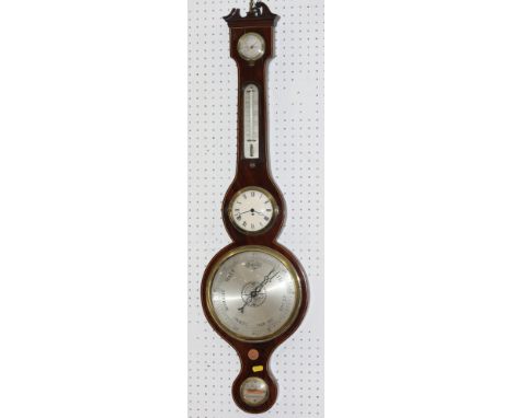 An A Stopani mahogany cased banjo barometer, thermometer and clock, 38" overall