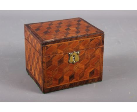 A 19th century kingwood, rosewood and parquetry tea caddy, 5" wide x 4 1/4" deep x 4 1/4" high