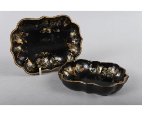Two 19th century papier mache and relief decorated trinket dishes, largest 5 1/2" x 4" 